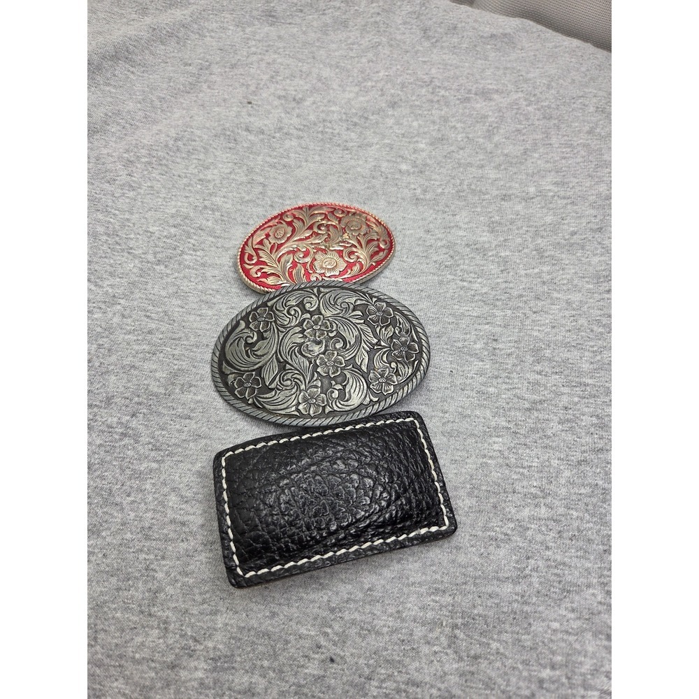 Lot of 3 Women's Vintage Western Floral and Leather Belt Buckles Horse Red